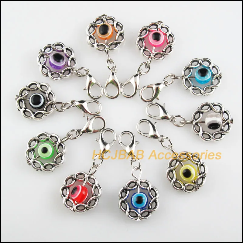 

10Pcs Tibetan Silver Tone Winding Retro Mixed Eye Resin 15mm With Lobster Claw Clasps Charms