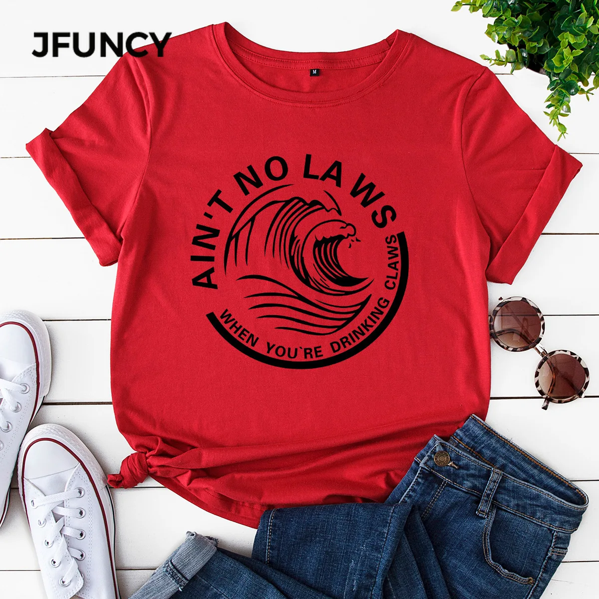

JFUNCY Women T Shirt 100% Cotton T-shirts Female AIN'T NO LA WS Printing Graphic Tees Women Plus Size Harajuku Shirts Tops