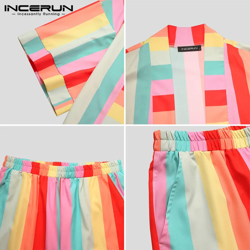 

INCERUN Men Sets Colorful Striped Half Sleeve Open Stitch Shirt Beach Shorts 2021 Streetwear Breathable Men Hawaiian Suits S-5XL