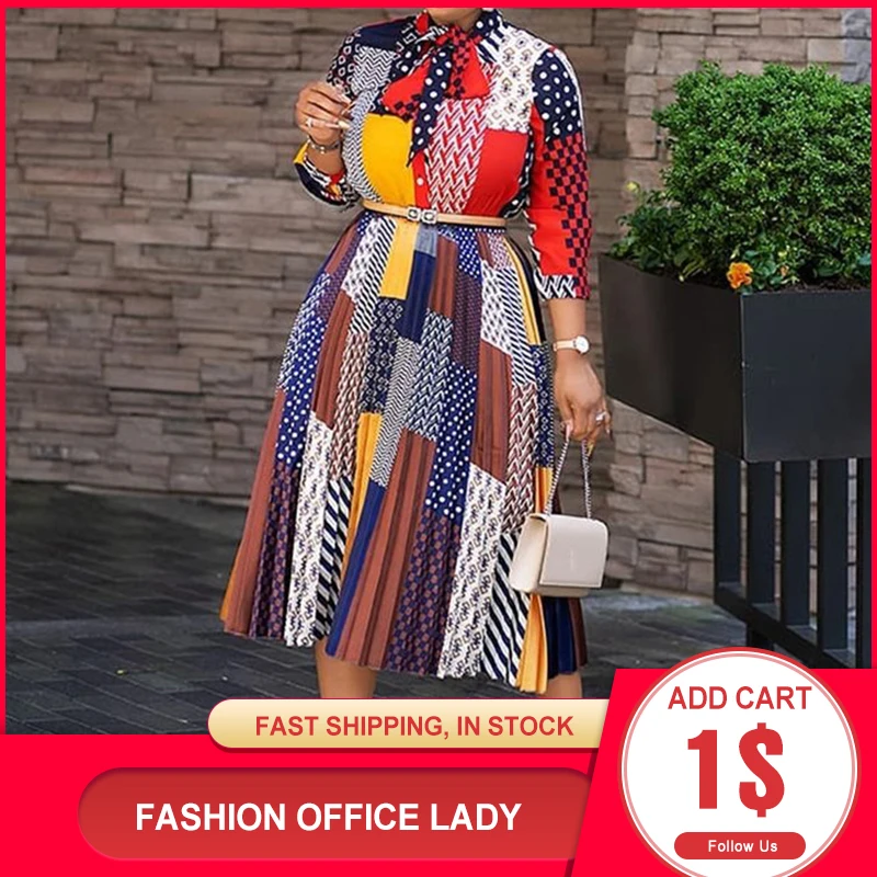 Office Ladies Midi Dress Work Wear Print A-Line Color Block Casual 2022 Spring Fall Clothing  Women Fashion Flare Pleated Dress