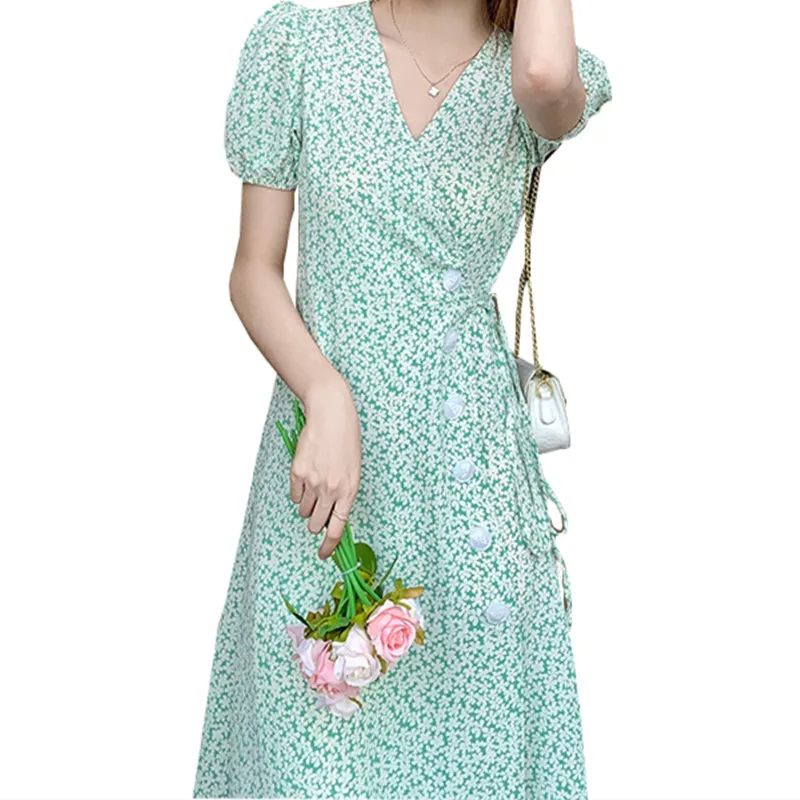 

Women Dress Woman Short Puff Sleeve Flroal Printed V-neck Clothing High Waist Mid-calf Dresses Drawstring Sexy Vestidos Sundress