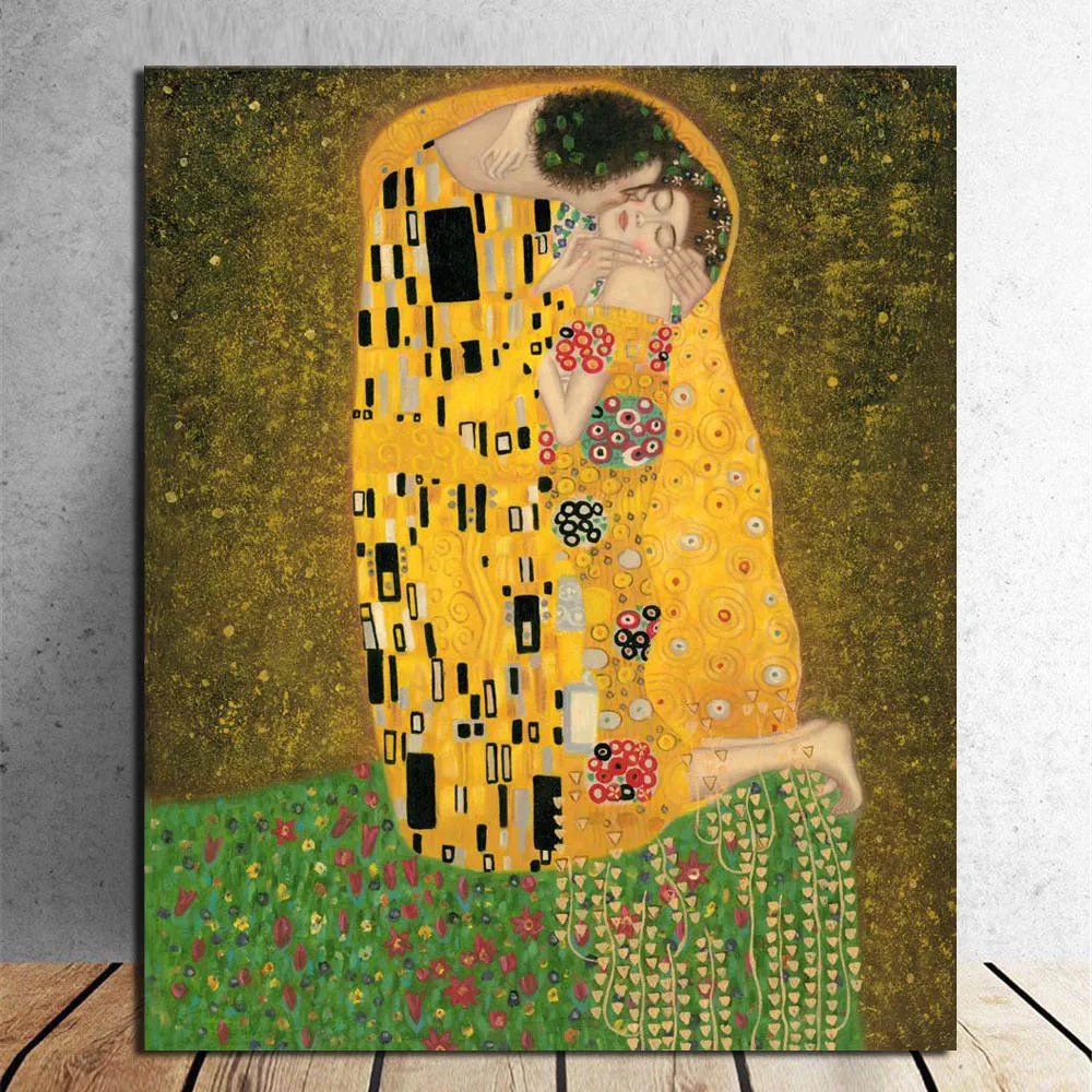 

Hand Painted Gustav Klimt Oil Painting Kiss Handmade Abstract Figure Painting Wall Artwork for Living Room Home Decor Unframed