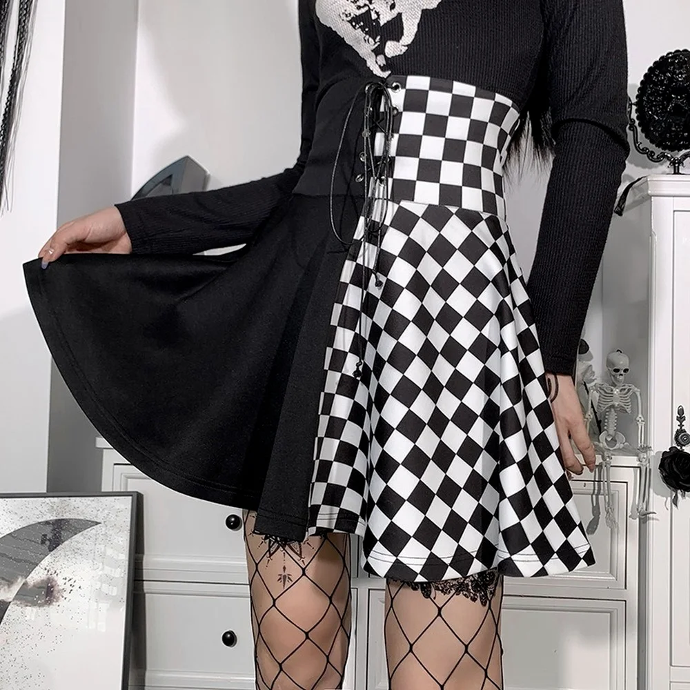 

Gothic High Waist Eyelet Lace Up Skirt Harajuku Grunge Sexy Geometry Patchwork Mini Skirts Y2K High Street E Girl Skirt