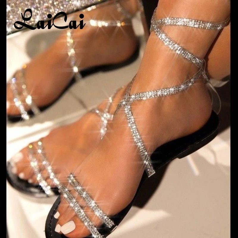 

Shoes for Women 2021 Summer New Stylish Sandals Flat Heel Plus Size Strap Open Toe Rhinestone Flat with Bling Lady Sandals Shoes