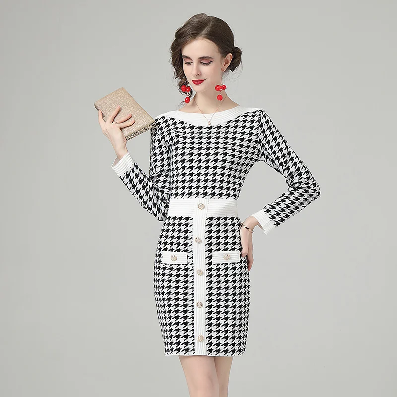 

New 2021 Autumn Winter Knitted Houndstooth Dress Chic Women O Neck Black White Plaid Silver Button Bodycon Pencil Slim Dresses