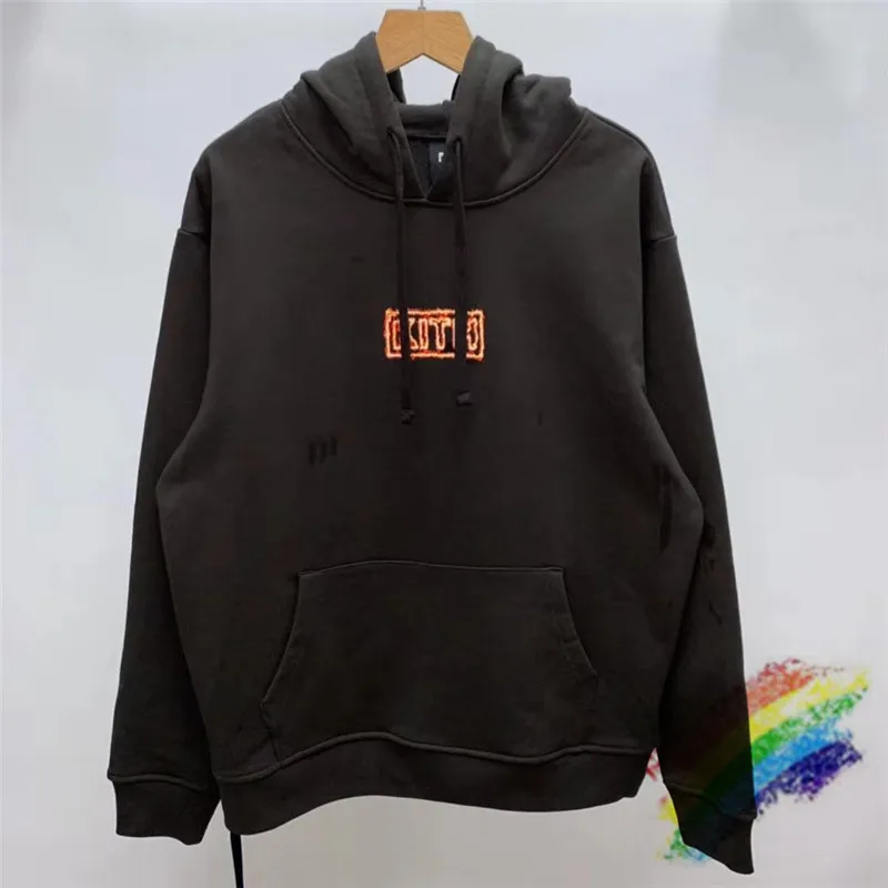 

2021FW KITH FLAME Box Hoodie Men Women 1:1 Top Version Washed Dark Coffee KITH Hoodies Heavy Fabric Pullovers