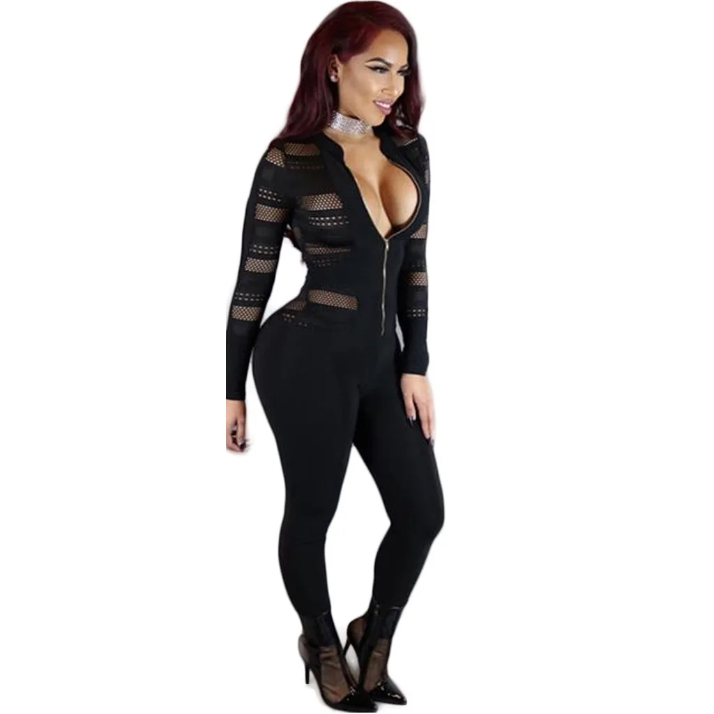 

FNOCE 2020 new women's jumpsuits sexy nightclub see-through mesh splicing solid v-neck zipper tight slim stretch jumpsuits