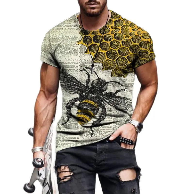 

Summer Men's Funny Bee 3D Printing T-Shirt Personality Street Round Neck Short-Sleeved Hip-Hop Shirt Top