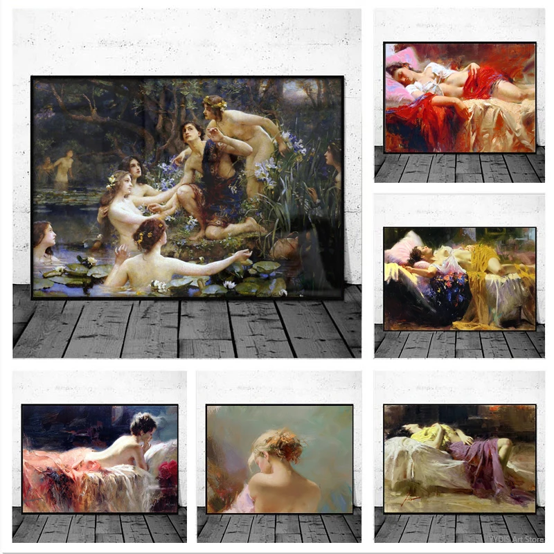 

Sexy Nude Lady Vintage Poster Hylas and the Water Nymphs Henrietta Rae Oil Painting Print Wall Canvas Picture Home Decoration