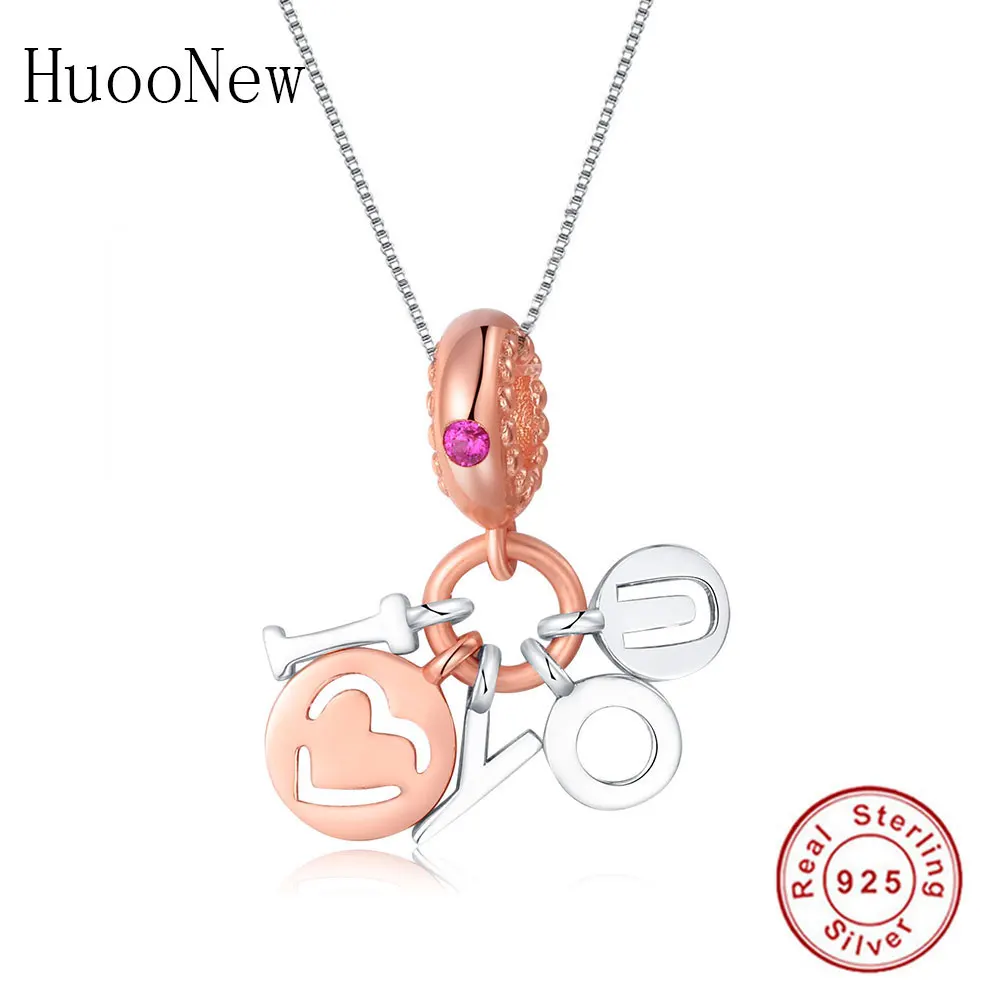Huoonew 925 пробы серебро розовое золото буквы I Love you ожерелья и подвески Женские