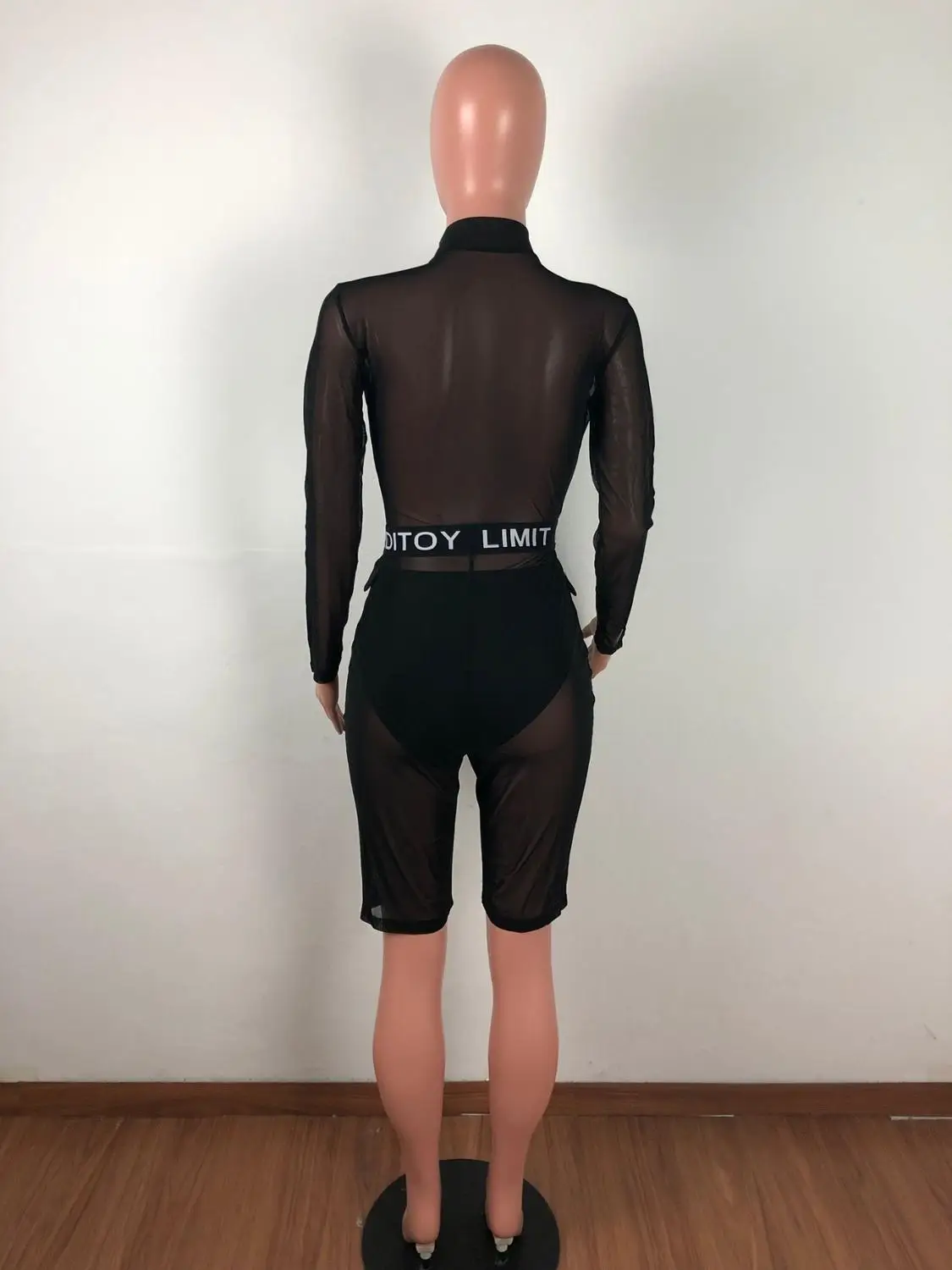 

Black Mesh Shoulder Letter Sheer Playsuits Front Zipper Full Sleeve Shorts Bodysuits Women Club Sexy See Through Jumpsuits 2019
