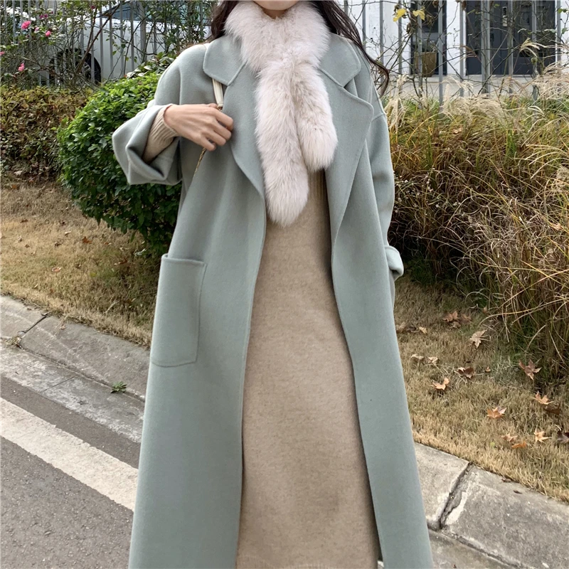 

Женское двухстороннее шерстяное пальто, Черное длинное пальто с поясом, модель Gmm на осень и весну, 2021