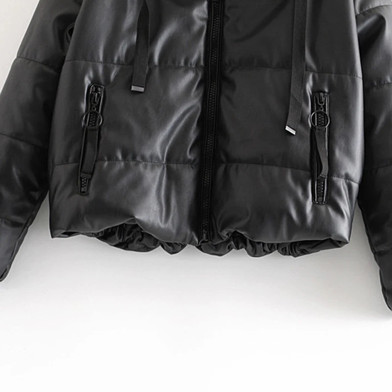 Women Hooded Thicken Warm Jacket Long Sleeve Zipper Parkas Coat Lady Outerwear Veste Femme Winter Fashion PU Leather Black Coat enlarge