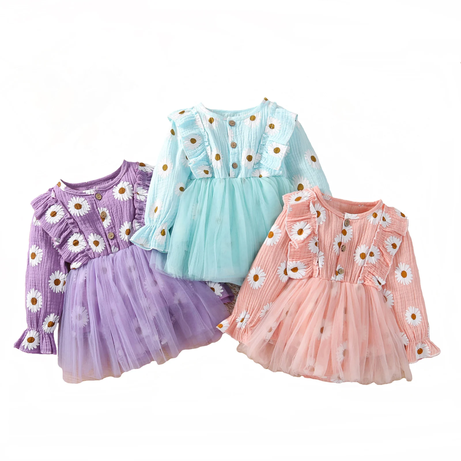 

Toddler Infant Lovely Baby Clothes Baby Long Sleeve Dress with Daisy Pattern, Mesh Stitching Ruffle Decoration Spring Clothing