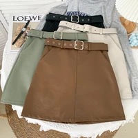 2021 autumn and winter new solid color high waist pu leather skirt boots leather skirt