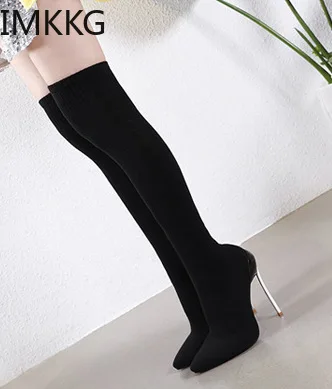 Сапоги выше колена на ультратонком каблуке 12 см с острым носком | Обувь
