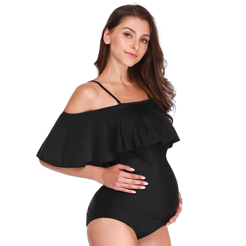 Цельный купальник для беременных плюс размер с оборками и рюшами открытыми