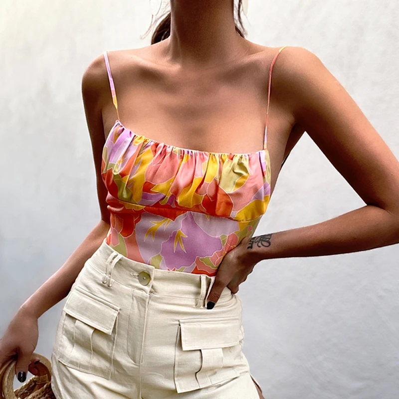 

2021 Summer Fashion Trendy Women's Pleated Tube Top Open Back Strapless Sling Short Printed Navel Thin Slim Base Vest