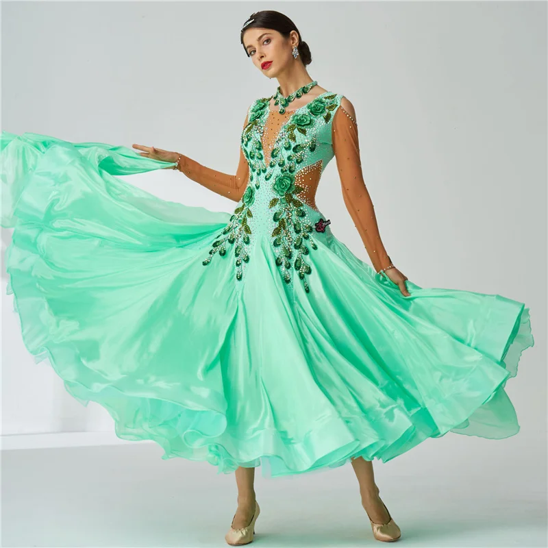 B-2015 Custom New Standard Ballroom Dance Dress Girls Modern Competition Ballroom Dresses Latin Dance With Pearl Silk For Women