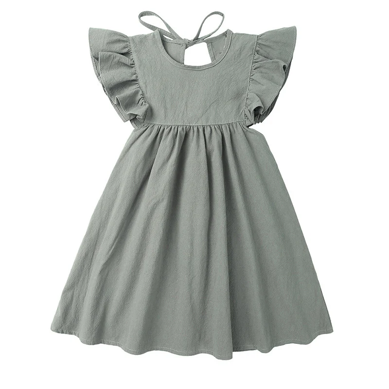 

2022 New Summer Solid Color Simple Flying Sleeve Dress Girl Clothes Children Dress Kid Girl Dress