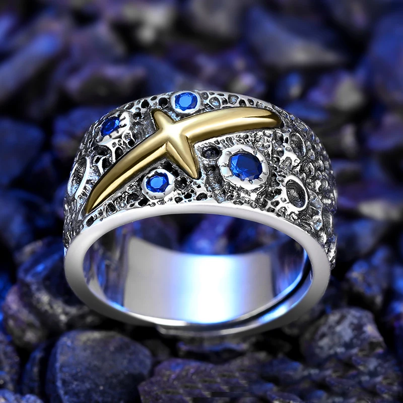 

New Star Blue Ring Male Silver Single Domineering Trendy Men's Personality Thai Silver Retro Opening Widening Korean Trendy Men