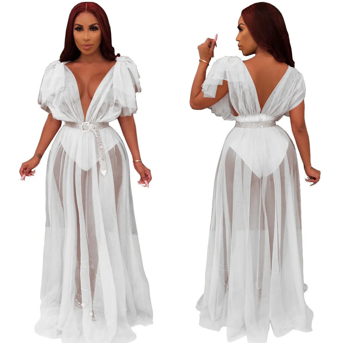 Fashion 2019 Summer Mesh Transparent Deep V-Neck High Waist Maxi Dress Women Sexy Nigth Club Flare Sleeve Party | Женская одежда
