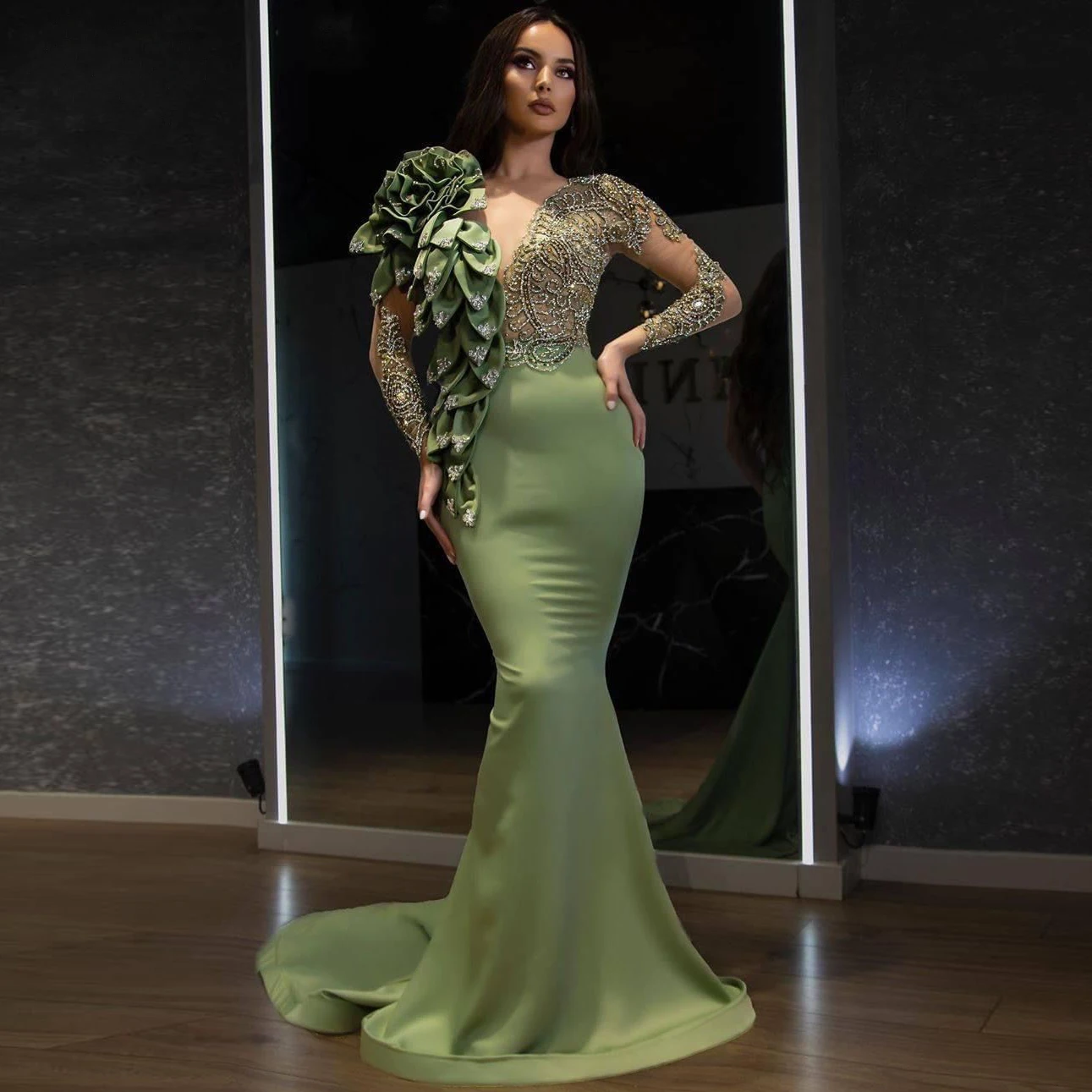 

V-neck beaded long-sleeved ruffled perspective prom dress banquet party dress