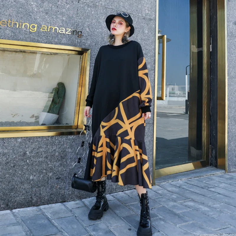 

European and American Style Simple Waist Belt with Large Size Solid Color Long-Sleeved Dress Dresses Woman Party Night Geometric