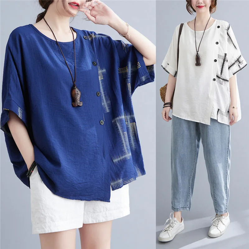 

1565 Women Casual Fashion Soft Breathable T-Shirt Top Patchwork Button Large Size Loose Cotton Linen Summer Clothes Tee