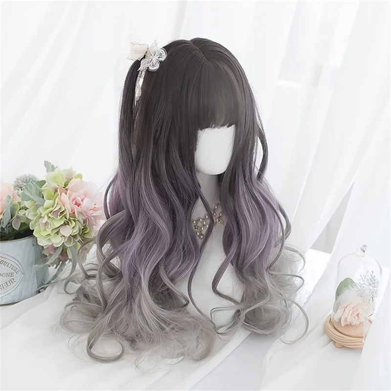 

CosplayMix Lolita 64CM Women Long Wavy Ombre Cute Sweet Girl Mixed Color Bangs Heat Resistant Synthetic Anime Cosplay Wig
