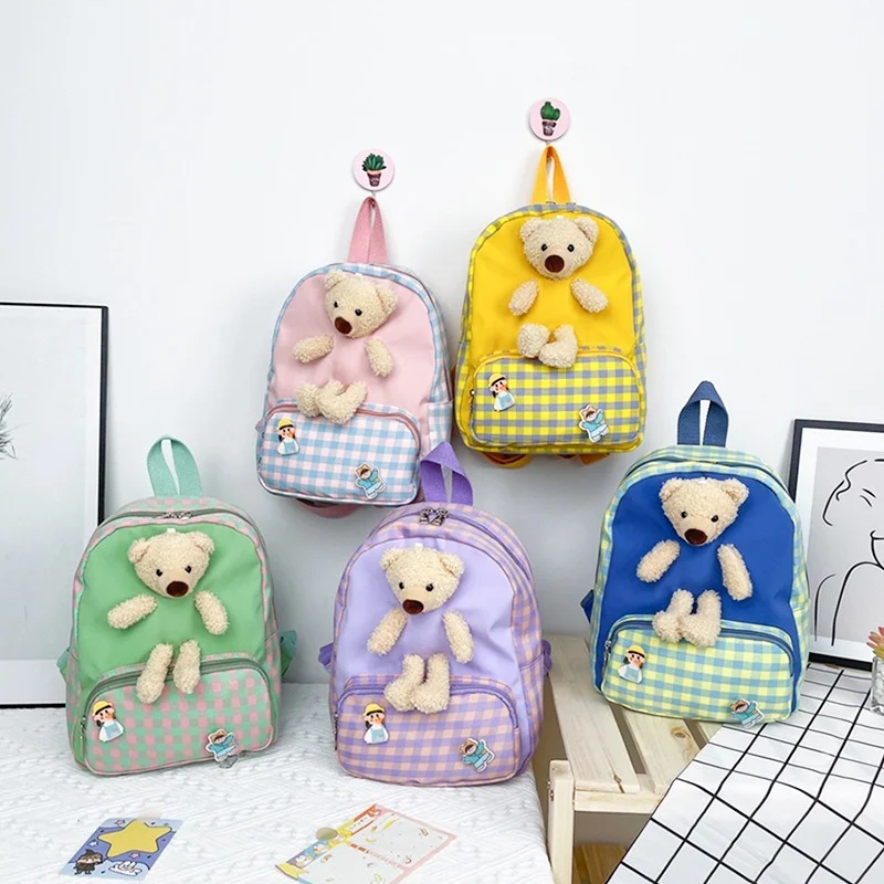Kids Child Toddler Bags Kindergarten Children Plush lattice bear Backpack Cartoon Lovely Cute Baby Girls School Students Bag