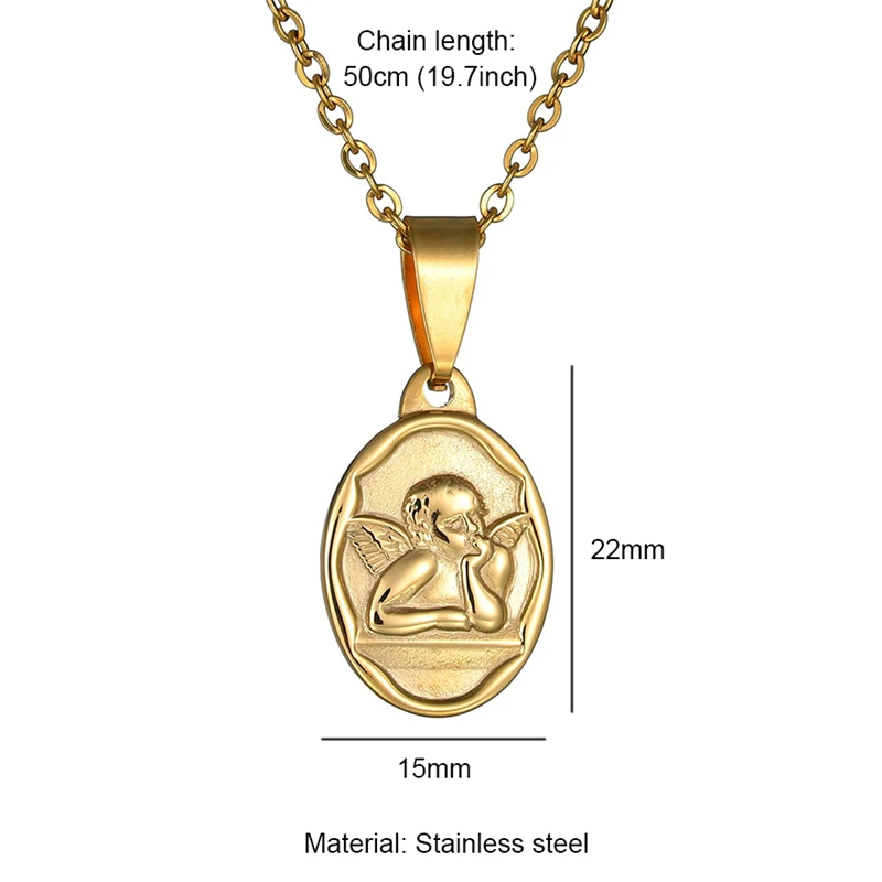 

Round Coin Angel Baby Cherub Pendant Necklace for Women and Men Cupid Choker Clavicle Chain Stainless Steel Jewelry Gift