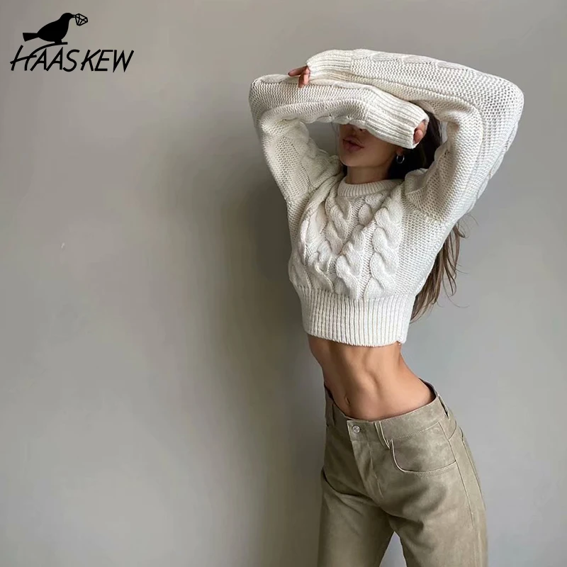 

HAASKE 2021 Winter Short Thin Knitted Tunic Sweater Women Harajuku Korean Style Long Sleeve Pullovers High Waist Female Tops