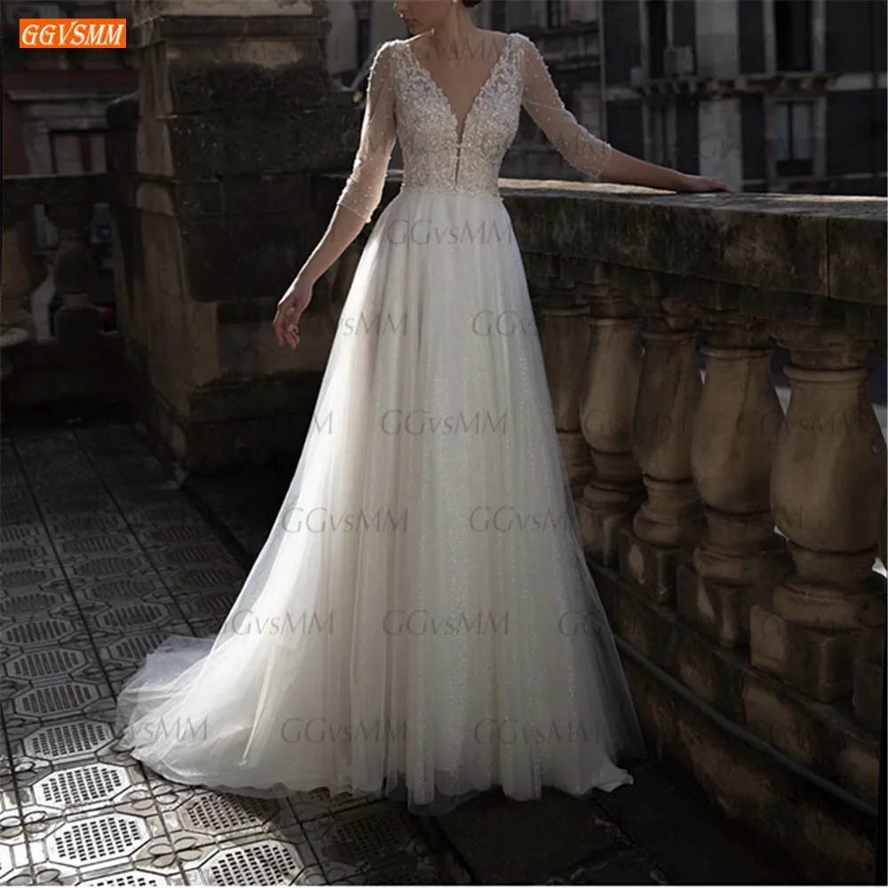 

Sexy White wedding dress 2021 vestido de noiva Custom Made suknia slubna V Neck Appliqued 3/4 Sleeves Tulle A Line Bridal Gowns