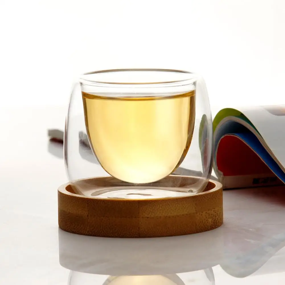 80ML Double Design Clear Tea Cup with Bamboo Tray Set Anti-hot Tasse Heat-resistant Small Glass Cups for Cafe Scented Coffee | Дом и сад