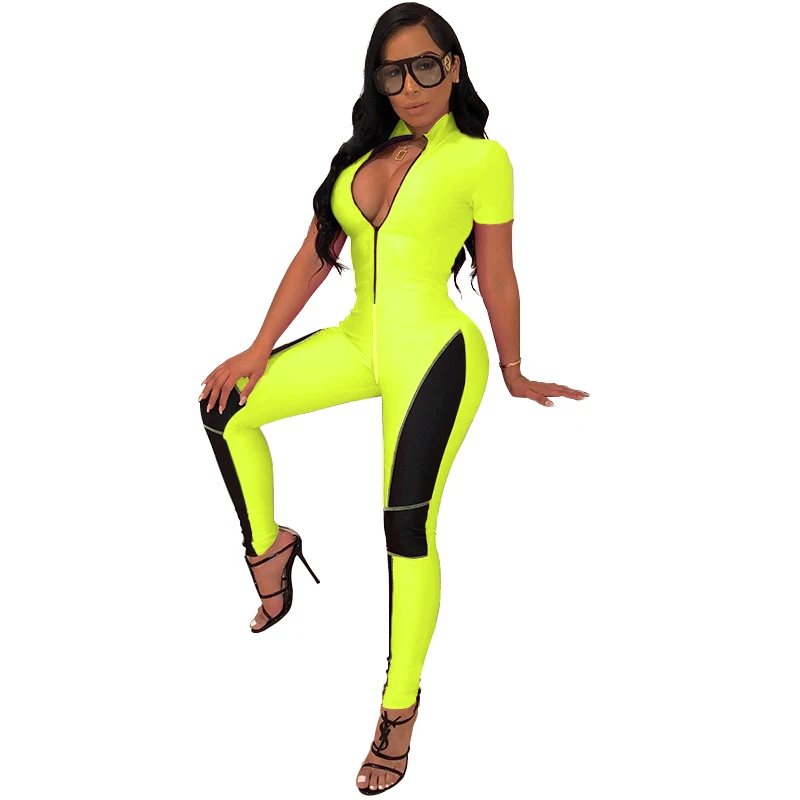 

Women Fashion Zippers Patchwork Shot Sleeve Bodycon Skinny Jumpsuit