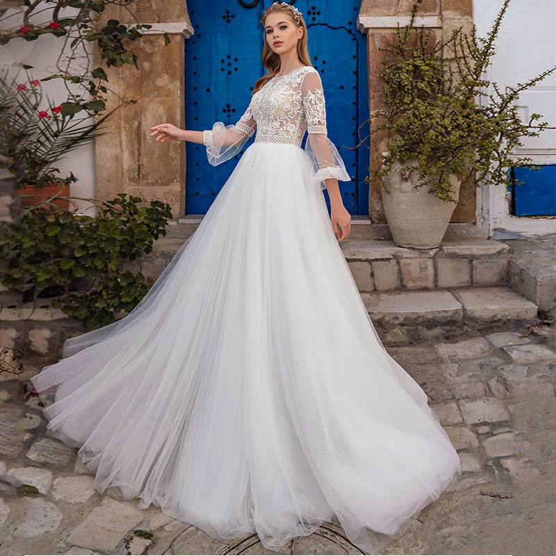 

Wedding Dress 2021 Charming Tulle A-line High Quality Court Train Lace Puff Sleeve Braidal Gowns Plus Size