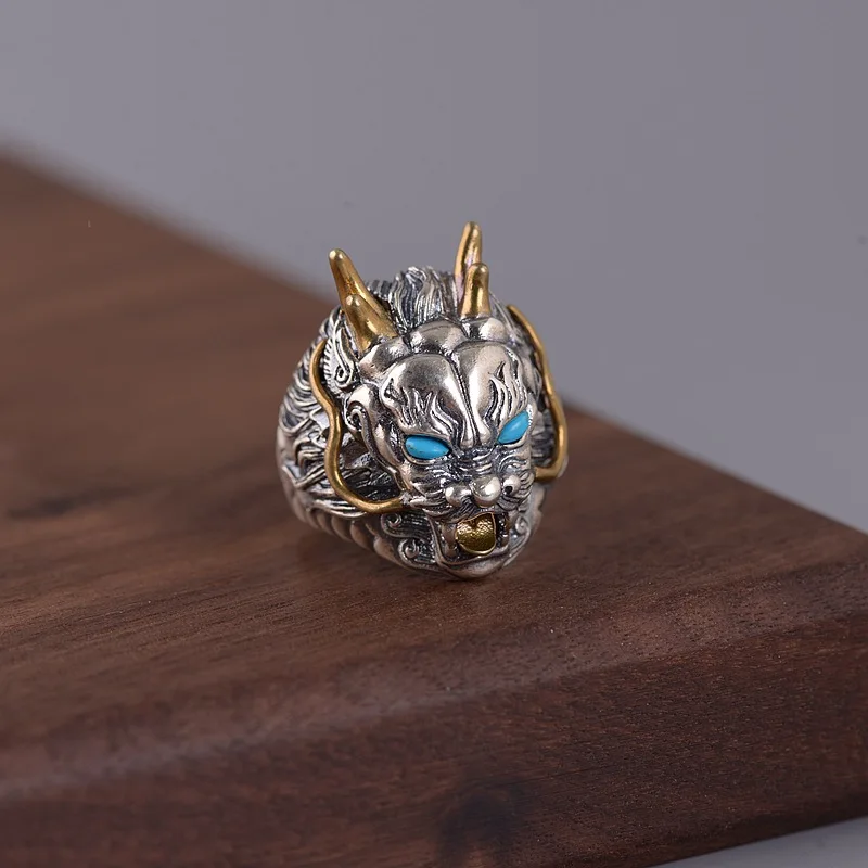 Turquoise ring FNJ красный агатовый дракон кольца 925 серебро регулируемый размер открытый S925 твердое серебряное кольцо для женщин ювелирные изделия Круглый камень животное - Цвет камня: Turquoise ring