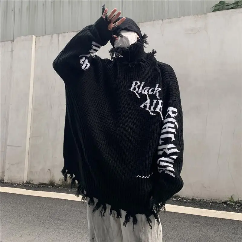 

Turtleneck Sweater Male Korean Fashion Loose All-match Tassel Knit Tops Couples Hip-hop Trendy Autumn-winter New Lapel Pullovers