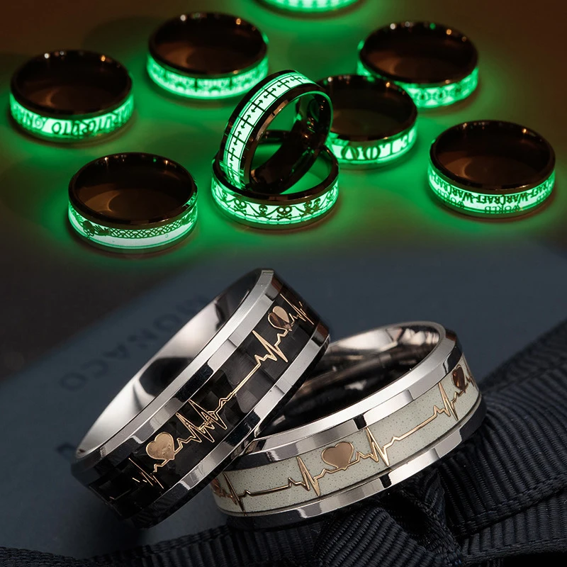 Fashion Stainless Steel Luminous Finger Ring For Women Men Glowing In Dark Heart Couple Wedding Bands Jewelry Gift Accessories