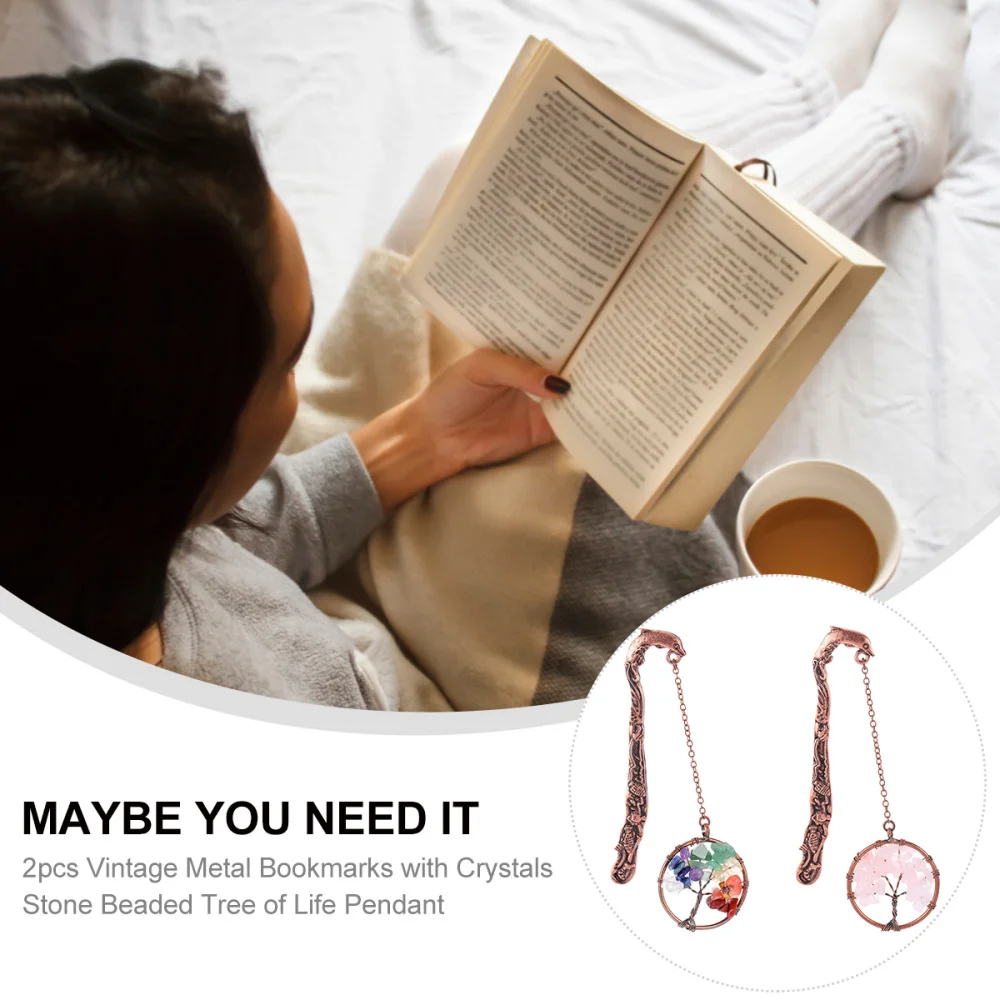 

2pcs Vintage Metal Bookmarks with Crystals Stone Beaded Pendant