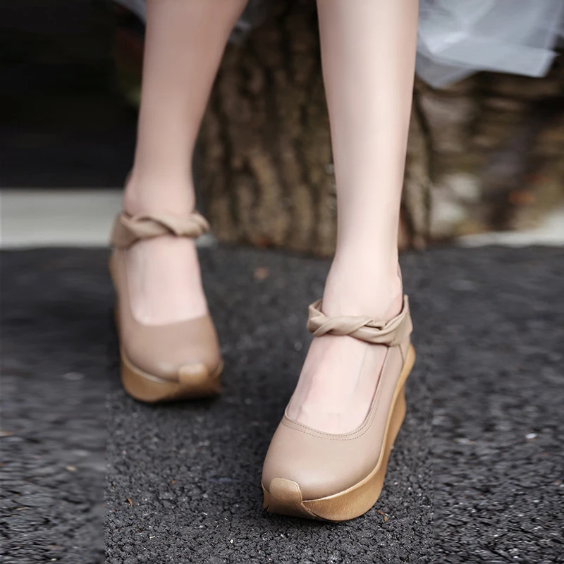 

Spring New Pattern Retro Leather Waterproof Platform Slope Heel Women's Single Shoes Thick Bottom Wear Resisting Casual Footwear