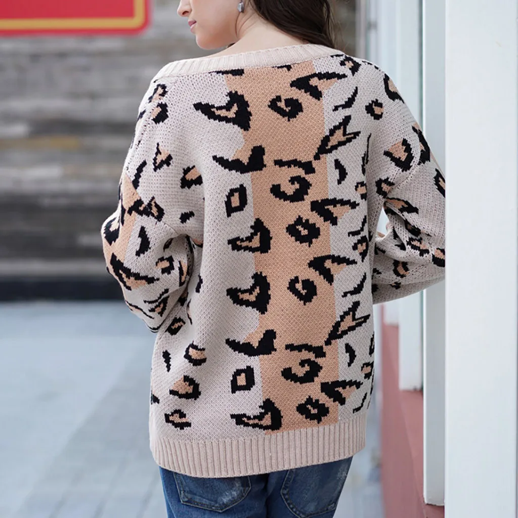 Женский свитер с v-образным вырезом сексуальный модный Леопардовый принт Зимний