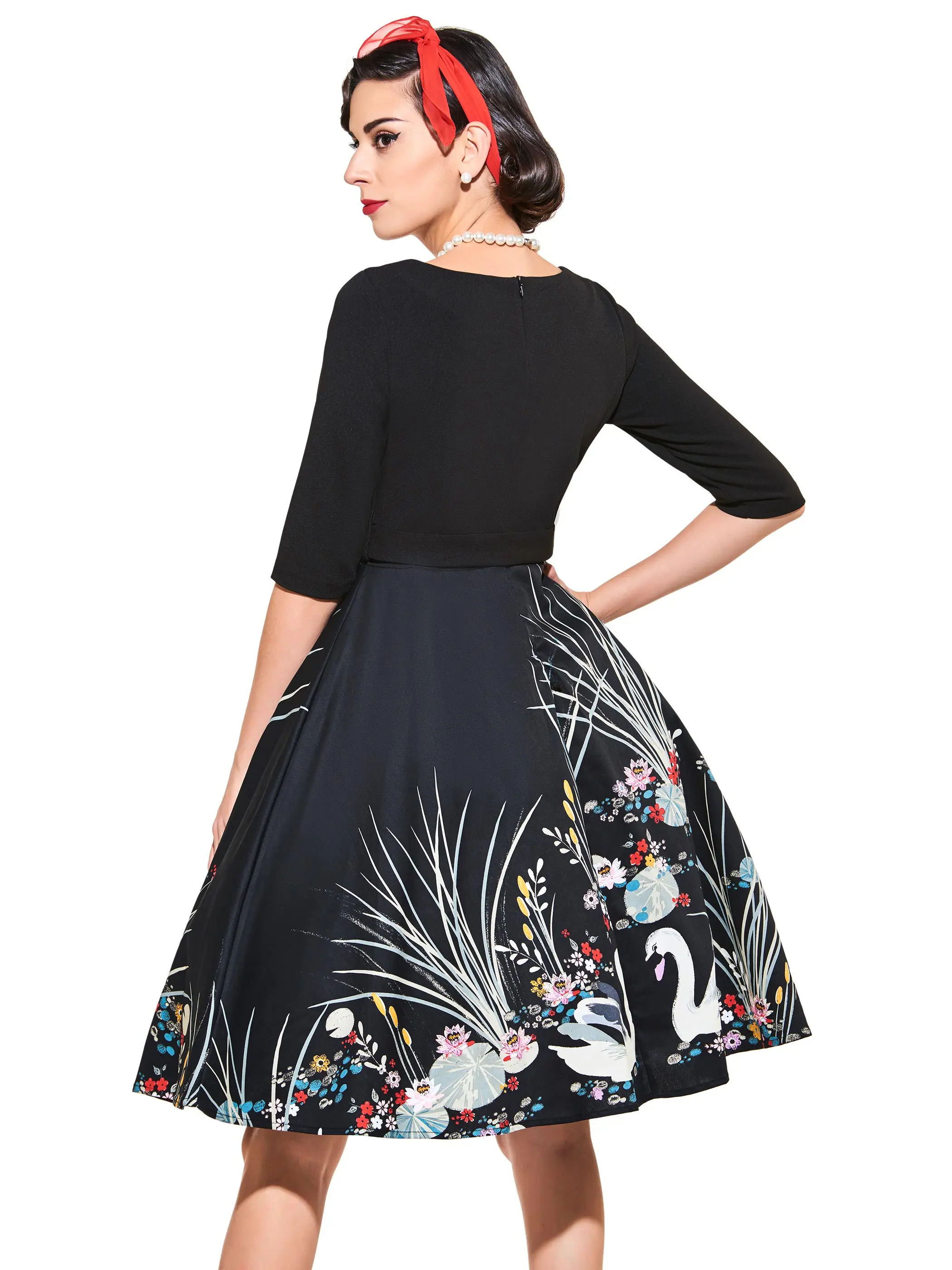 

Sale Vintage Autumn Women Retro Dress With Sashes 1950s Festa A Line Print Dresses V-neck Half Sleeve Vintage Women Dresses