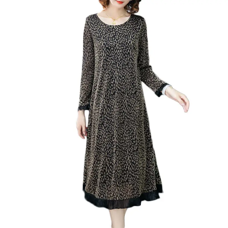 

Loose version Women's Dress For summer spring O-Neck Full sleeve Lace Sexy leopard print fashion Casual Women's Dresses SS3266