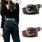 Ремень женский кожаный с металлической пряжкой, винтажный пояс в западном стиле с резьбой, Роскошный дизайнерский брендовый