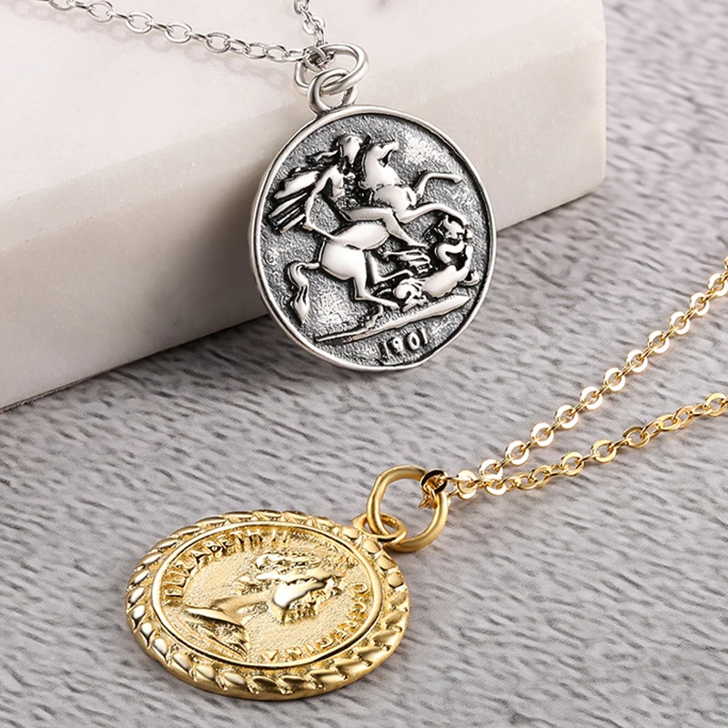 

European American 925 sterling silver necklace coin head two embossed circular pendant clavicle chain3
