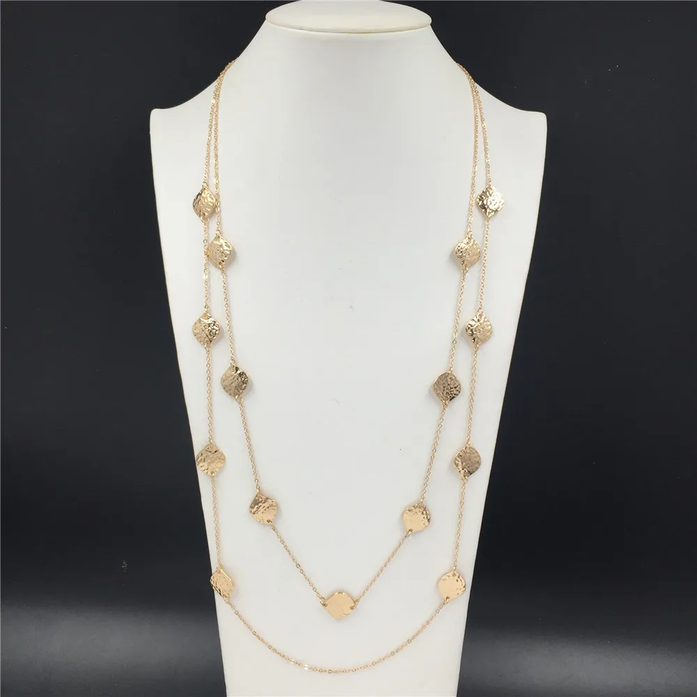 

Trendy Gold Color Plating Hammered Leaf Strand Layered Long Necklace For Women Girl Sweater Decoration Party Anniversary Party