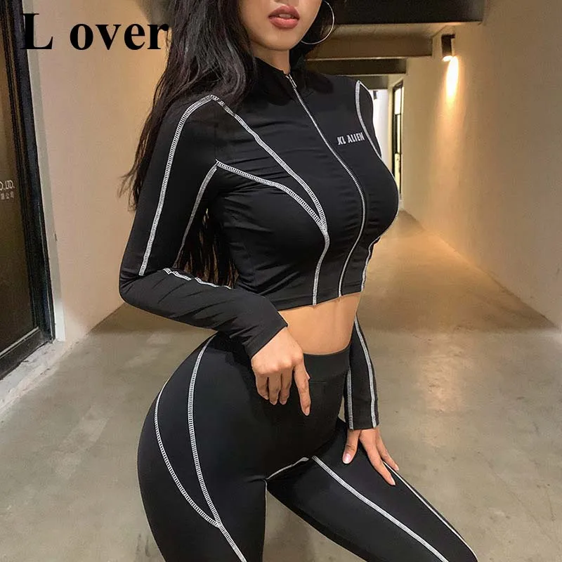 Женский спортивный костюм из двух предметов топ на молнии с длинным рукавом и