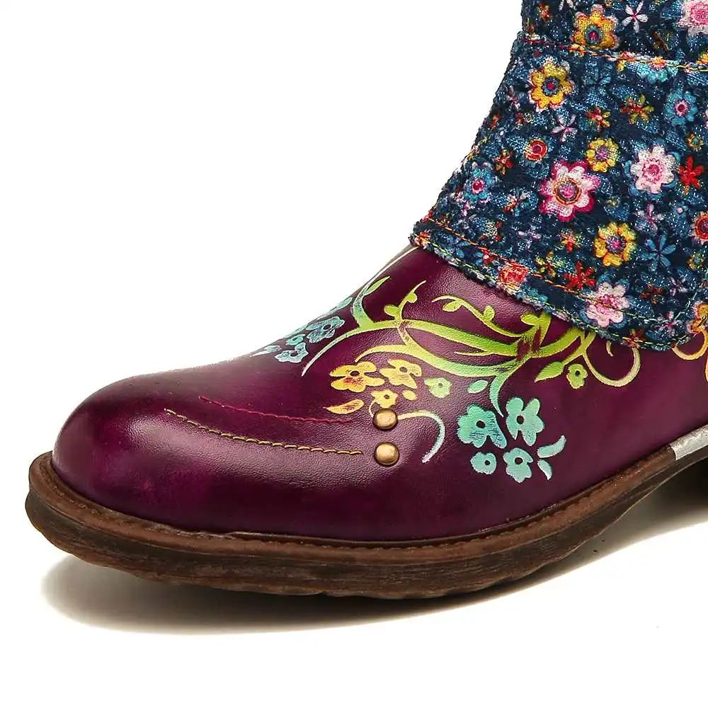 SOCOFY/Высококачественные ботинки в стиле ретро; Zapatillas; кожа; маленький цветочный узор; обувь на плоской подошве с прострочкой на молнии; женская обувь;